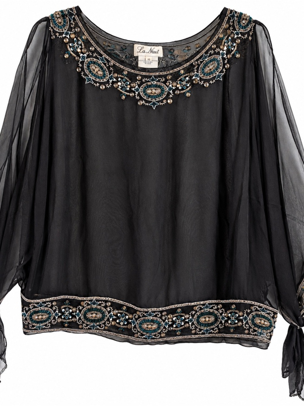 La Nuit 100% Silk Beaded Poncho Blouse Top Size 10 Black Boho Evening